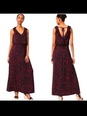 LOFT Red & Black Floral Maxi Dress – V‑Neck Back Tie | Size S
